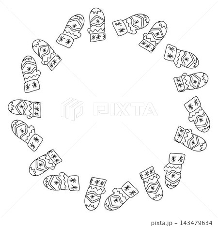 Doodle circle frame with warm winter mittens in festive style. Vector hand drawn illustration for seasonal packaging, cozy labels, holiday decor and kids design isolated on white with copy space 143479634
