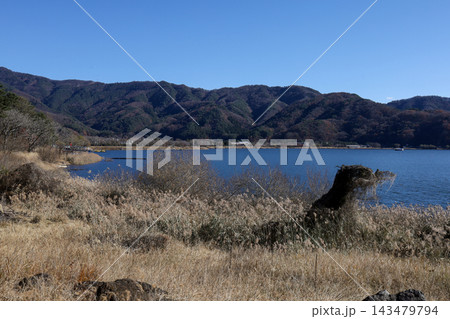 Peaceful Blue Lake Surrounded by Green Hills and Dry Reeds Under Clear Sky, Japanese Countryside Landscape Peaceful Blue Lake Surrounded by Green Hills and Dry Reeds Under Clear Sky, Japanese Countryside Landscape 143479794