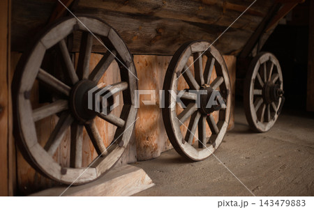 Close-up of Three Vintage Wooden Wagon Wheels. Close-up of Three Vintage Wooden Wagon Wheels. 143479883