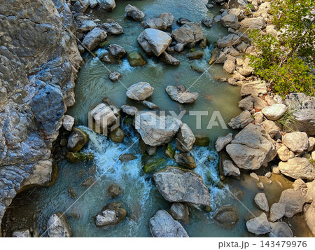 High-Angle View of a Rocky Mountain Stream with Cascading Water. High-Angle View of a Rocky Mountain Stream with Cascading Water. 143479976