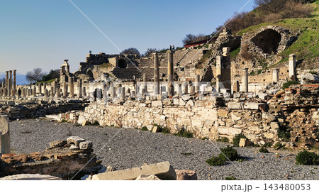 Wide Panoramic View of Ancient City Ruins with Standing Columns and Amphitheater. Wide Panoramic View of Ancient City Ruins with Standing Columns and Amphitheater. 143480053