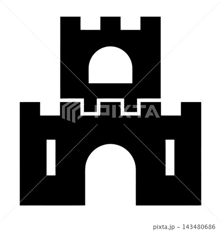Black Castle Icon With Towers And Arched Gate On White Background, Medieval Building Symbol, Fortress Sign Design Black Castle Icon With Towers And Arched Gate On White Background, Medieval Building Symbol, Fortress Sign Design 143480686