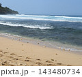 Scenic tropical beach with clear blue ocean water, gentle rolling waves, sandy shoreline, natural stones, and a lush green coastal headland under a clear blue sky.  143480734