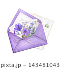 Purple envelope with botanical photos, spring flowers, postcard with postage stamp and twine bow. Watercolor illustration for stationery, scrapbooking, invitations, cards 143481043