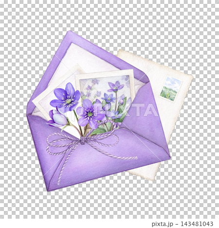 Purple envelope with botanical photos, spring flowers, postcard with postage stamp and twine bow. Watercolor illustration for stationery, scrapbooking, invitations, cards 143481043