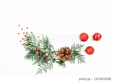 Christmas greenery with pinecones and berries arranged on white Christmas greenery with pinecones and berries arranged on white 143481046