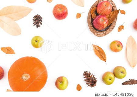 Pumpkin, apples, leaves and nuts arranged on white with generous copy space. Pumpkin, apples, leaves and nuts arranged on white with generous copy space. 143481050