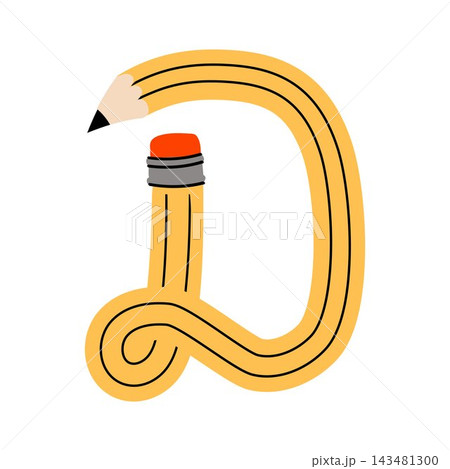 Fun uppercase letter D formed from a yellow wooden pencil. Cute children's alphabet Fun uppercase letter D formed from a yellow wooden pencil. Cute children's alphabet 143481300
