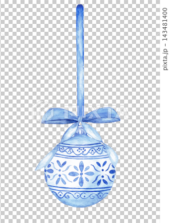 Watercolor chinoiserie Christmas ball hanging on blue ribbon with bow, blue and white porcelain ornament isolated Watercolor chinoiserie Christmas ball hanging on blue ribbon with bow, blue and white porcelain ornament isolated 143481400