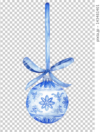Watercolor blue and white chinoiserie Christmas bauble with floral ornament hanging on ribbon bow isolated Watercolor blue and white chinoiserie Christmas bauble with floral ornament hanging on ribbon bow isolated 143481401