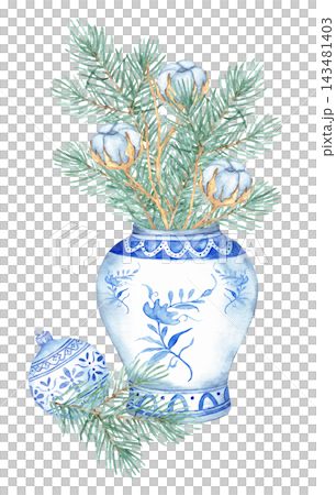 Watercolor chinoiserie Christmas composition, ginger jar with pine and cotton bouquet and blue ornament isolated 143481403