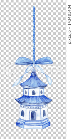 Watercolor chinoiserie Christmas ornament, blue and white porcelain pagoda hanging on twisted cord with bow isolated Watercolor chinoiserie Christmas ornament, blue and white porcelain pagoda hanging on twisted cord with bow isolated 143481404
