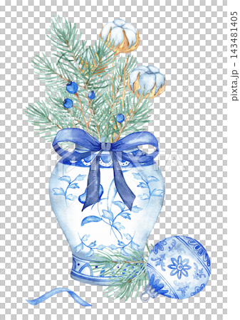 Watercolor chinoiserie Christmas card, blue and white ginger jar with bow, pine and cotton bouquet and ornament isolated Watercolor chinoiserie Christmas card, blue and white ginger jar with bow, pine and cotton bouquet and ornament isolated 143481405
