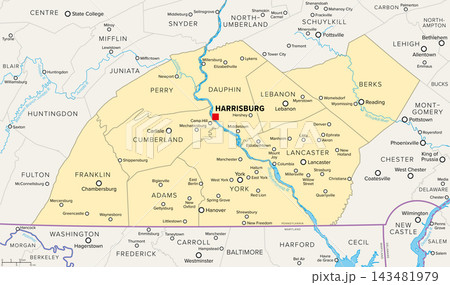 Pennsylvania Dutch Country, political map. Originally a region in Pennsylvania, United States, with distinctive Pennsylvania Dutch culture, today the phrase is used more in a tourism context. Vector Pennsylvania Dutch Country, political map. Originally a region in Pennsylvania, United States, with distinctive Pennsylvania Dutch culture, today the phrase is used more in a tourism context. Vector 143481979