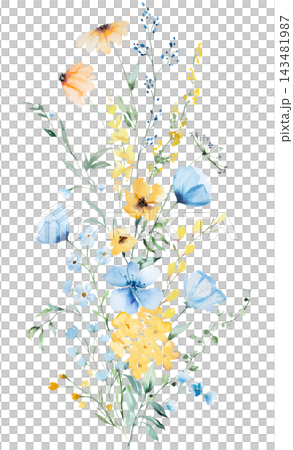 Bouquet with blue and yellow watercolor wildflowers and leaves, floral wedding illustration Bouquet with blue and yellow watercolor wildflowers and leaves, floral wedding illustration 143481987