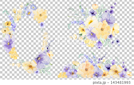 Watercolor clipart with light purple and yellow flowers, botanical isolated wedding illustration Watercolor clipart with light purple and yellow flowers, botanical isolated wedding illustration 143481993