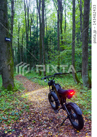 Black electric bike with glowing rear light parked on a leaf-strewn forest trail, adventurous ride through the wild woods, eco-friendly off-road transportation during autumn season Black electric bike with glowing rear light parked on a leaf-strewn forest trail, adventurous ride through the wild woods, eco-friendly off-road transportation during autumn season 143482433