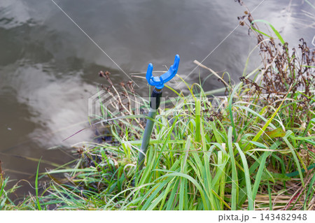 Bright blue fishing rod rest stick in lush riverside grass near calm dark water outdoors, ready for angling action 143482948