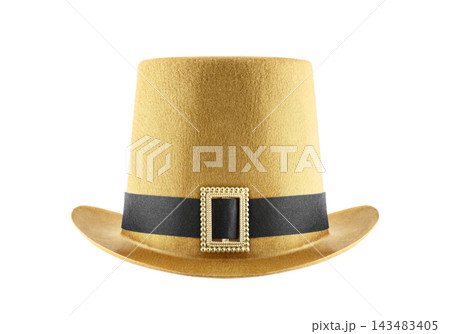 Gold felt top hat with gold buckle isolated on white with clipping path Gold felt top hat with gold buckle isolated on white with clipping path 143483405