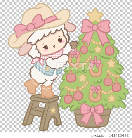 Cute Cowgirl Christmas Lamb Decorating a Pink and Green Christmas Tree with Horseshoe Ornaments and Pink Bows Illustration Cute Cowgirl Christmas Lamb Decorating a Pink and Green Christmas Tree with Horseshoe Ornaments and Pink Bows Illustration 143483488