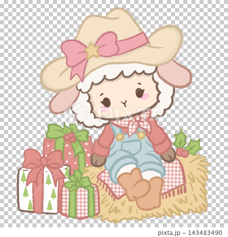 Cute Cowgirl Christmas Lamb Sitting on a Hay Bale Surrounded by Festive Wrapped Christmas Presents Illustration Cute Cowgirl Christmas Lamb Sitting on a Hay Bale Surrounded by Festive Wrapped Christmas Presents Illustration 143483490