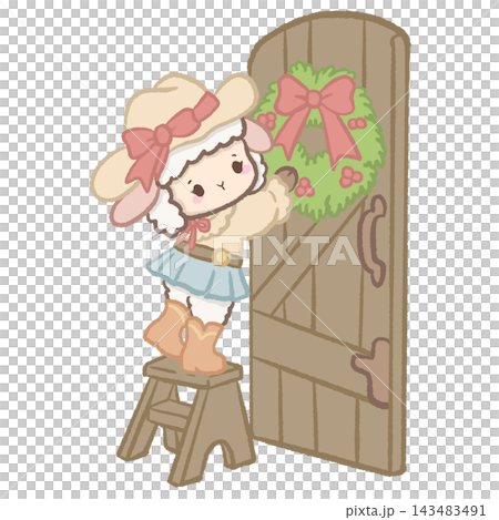 Cute Cowgirl Christmas Lamb Standing on a Wooden Stool Hanging a Christmas Wreath on Rustic Barn Door Illustration Cute Cowgirl Christmas Lamb Standing on a Wooden Stool Hanging a Christmas Wreath on Rustic Barn Door Illustration 143483491