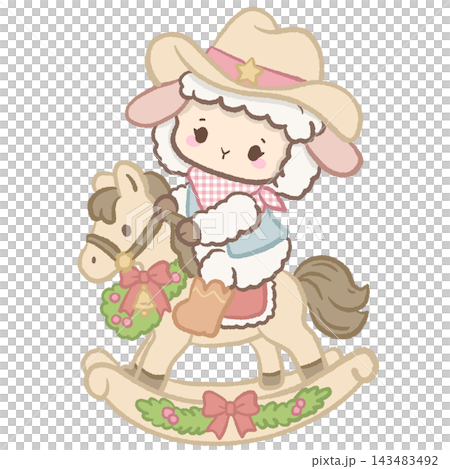 Cute Cowgirl Christmas Lamb Riding a Wooden Rocking Horse Decorated with Christmas Wreath and Pink Bows Illustration Cute Cowgirl Christmas Lamb Riding a Wooden Rocking Horse Decorated with Christmas Wreath and Pink Bows Illustration 143483492