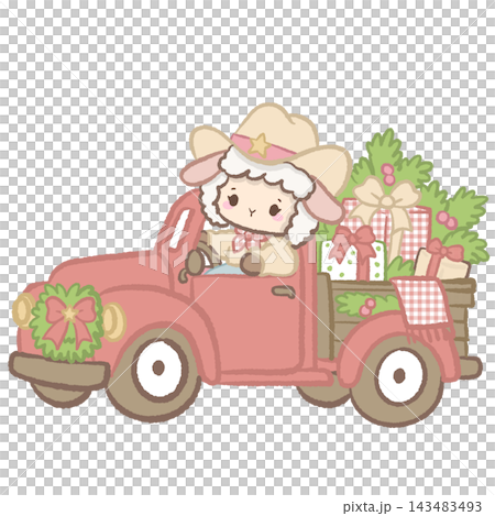 Cute Cowgirl Christmas Lamb Driving a Pink Vintage Pickup Truck Filled with Christmas Presents and Greenery Illustration Cute Cowgirl Christmas Lamb Driving a Pink Vintage Pickup Truck Filled with Christmas Presents and Greenery Illustration 143483493