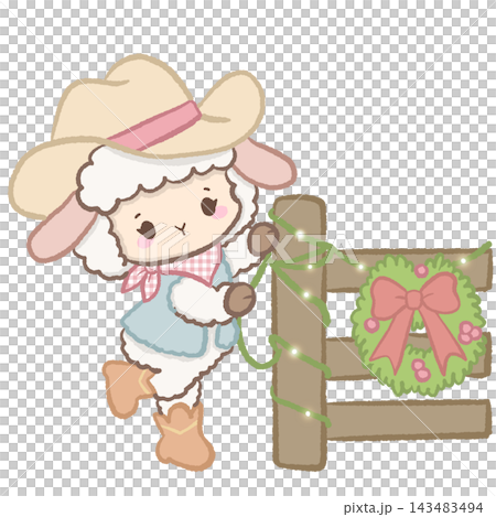 Cute Cowgirl Christmas Lamb Decorating a Rustic Wooden Fence with Christmas Wreath and Twinkling Fairy Lights Illustration Cute Cowgirl Christmas Lamb Decorating a Rustic Wooden Fence with Christmas Wreath and Twinkling Fairy Lights Illustration 143483494
