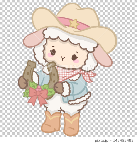 Cute Cowgirl Christmas Lamb Holding Two Rustic Horseshoes Decorated with Holly Leaves and Pink Bow Illustration Cute Cowgirl Christmas Lamb Holding Two Rustic Horseshoes Decorated with Holly Leaves and Pink Bow Illustration 143483495