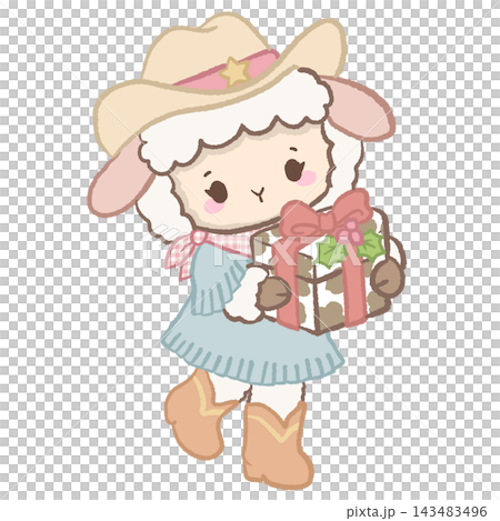 Cute Cowgirl Christmas Lamb Carrying a Christmas Present Wrapped in Brown Cow Print Paper with Pink Ribbon and Holly Illustration Cute Cowgirl Christmas Lamb Carrying a Christmas Present Wrapped in Brown Cow Print Paper with Pink Ribbon and Holly Illustration 143483496