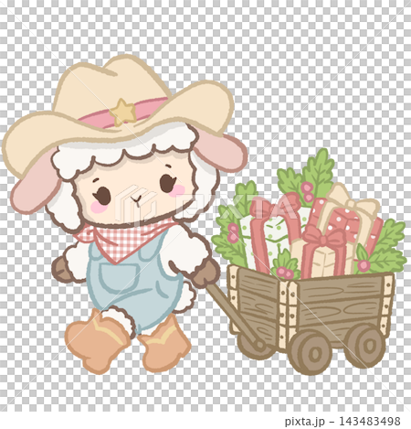 Cute Cowgirl Christmas Lamb Pulling a Rustic Wooden Wagon Filled with Christmas Presents, Holly Leaves, and Pink Ribbons Illustration Cute Cowgirl Christmas Lamb Pulling a Rustic Wooden Wagon Filled with Christmas Presents, Holly Leaves, and Pink Ribbons Illustration 143483498