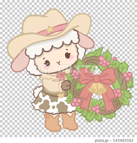 Cute Cowgirl Christmas Lamb Holding a Large Rustic Christmas Wreath Decorated with Pinecones, Holly Berries, Golden Bells, and a Pink Bow Illustration Cute Cowgirl Christmas Lamb Holding a Large Rustic Christmas Wreath Decorated with Pinecones, Holly Berries, Golden Bells, and a Pink Bow Illustration 143483502