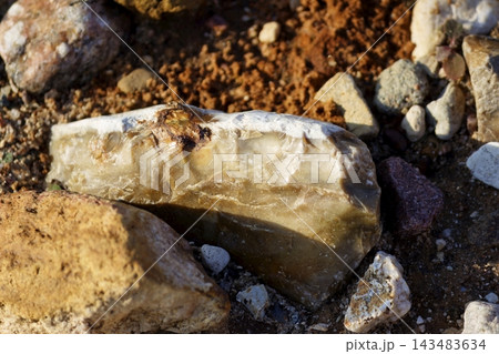 Close-up view of a sharp, textured flint shard resting on natural ground, showcasing geological details and organic patterns in warm sunlight at an archaeological site in the wild Close-up view of a sharp, textured flint shard resting on natural ground, showcasing geological details and organic patterns in warm sunlight at an archaeological site in the wild 143483634