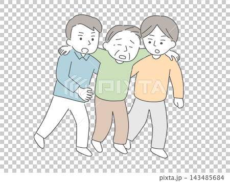 An illustration of two young men carrying an elderly man to rescue him. An illustration of two young men carrying an elderly man to rescue him. 143485684