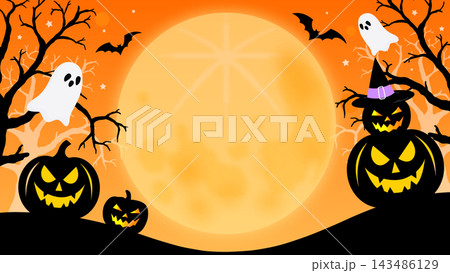ハロウィンのフレーム背景　カボチャ　お化け　16:9 143486129