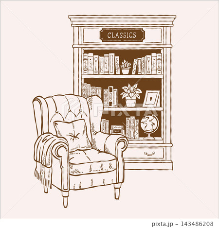 Vintage illustration of a cozy home scene with an armchair and bookcase. Home library. Brown linear clipart Vintage illustration of a cozy home scene with an armchair and bookcase. Home library. Brown linear clipart 143486208