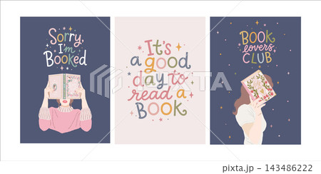 Collection of illustrated posters themed around books and reading. Young women with books, lettering, and quotes. Designs for schools, book clubs, bookstores, and libraries. Flat vector illustrations Collection of illustrated posters themed around books and reading. Young women with books, lettering, and quotes. Designs for schools, book clubs, bookstores, and libraries. Flat vector illustrations 143486222