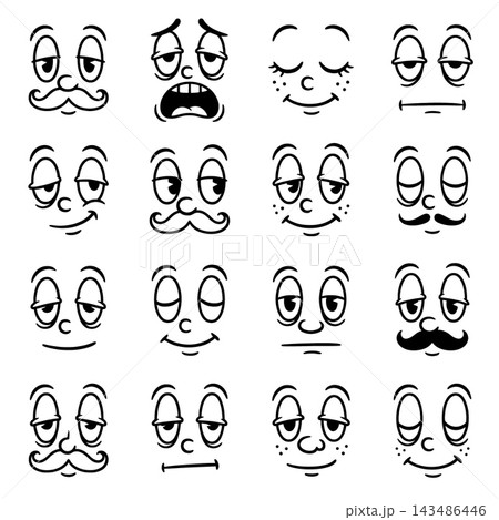 Cartoon face expression set, black line art, isolated white background 143486446
