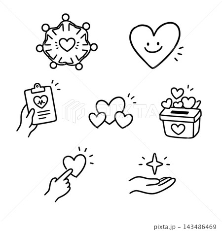 Heart icon set, hand drawn line art, love symbol, valentine symbol, donation concept Heart icon set, hand drawn line art, love symbol, valentine symbol, donation concept 143486469