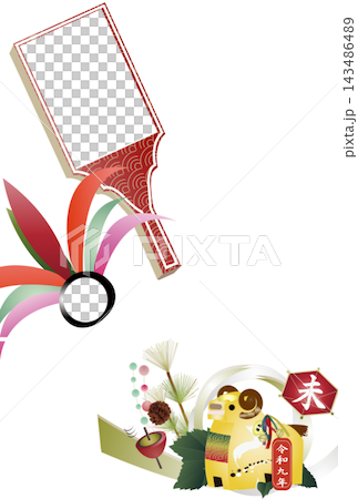 New Year's card photo frame material featuring a battledore, spinning top, kite, and sheep figurine - cute New Year's postcard template New Year's card photo frame material featuring a battledore, spinning top, kite, and sheep figurine - cute New Year's postcard template 143486489