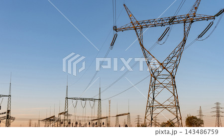 Energy grid infrastructure with high voltage pylons. 143486759