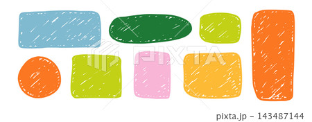 Colored hand drawn crayon text box frame set. Playful brush stroke doodle border collection. Rough texture edge shapes bundle. Vector pastel chalk sketch scribbles pack for sticker, patch, label Colored hand drawn crayon text box frame set. Playful brush stroke doodle border collection. Rough texture edge shapes bundle. Vector pastel chalk sketch scribbles pack for sticker, patch, label 143487144