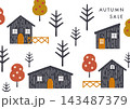 秋の風景　北欧イラスト　森のログハウス 143487379