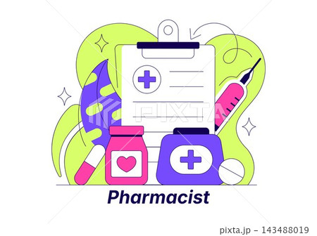 Pharmacist Vector Illustration featuring Healthcare Professional Holding a Tablet, Medicine Bottles, Prescription Drugs, and Pharmacy Services 143488019