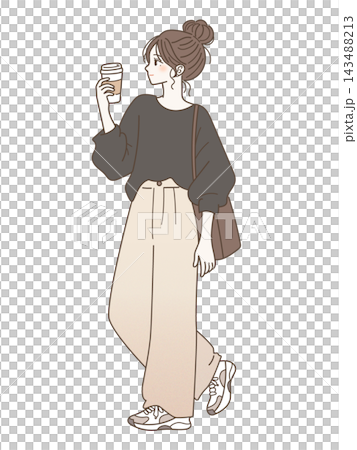 一位時尚女性手捧一杯咖啡漫步的插圖。 一位時尚女性手捧一杯咖啡漫步的插圖。 143488213