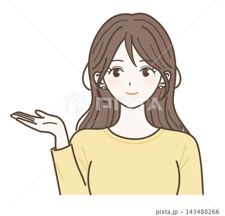 手のひらで紹介するおしゃれな女性のイラスト 手のひらで紹介するおしゃれな女性のイラスト 143488266