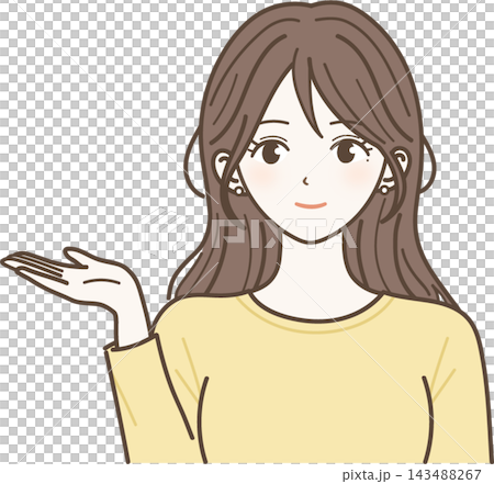 手のひらで紹介するおしゃれな女性のイラスト 手のひらで紹介するおしゃれな女性のイラスト 143488267