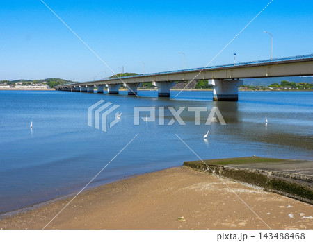 岡山県の高梁川にかかる水島大橋 岡山県の高梁川にかかる水島大橋 143488468