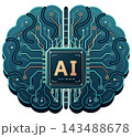 Artificial intelligence brain concept with microchip processor and circuit board traces, stylized illustration of cybernetic neural network for modern computing technology. 143488678